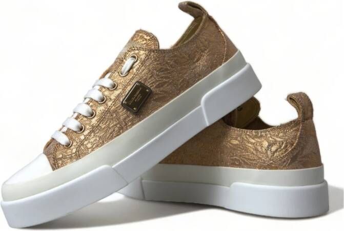 Dolce & Gabbana Goud Wit Brokaat Lage Top Sneakers Yellow Dames