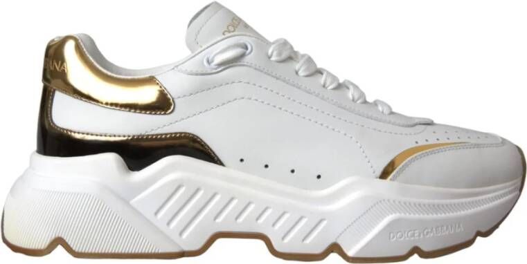 Dolce & Gabbana Gouden Leren Lage Sneakers met Logo Details White Heren