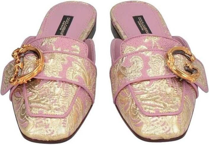 Dolce & Gabbana Gouden Draad Geborduurde Leren Sandaal Pink Dames