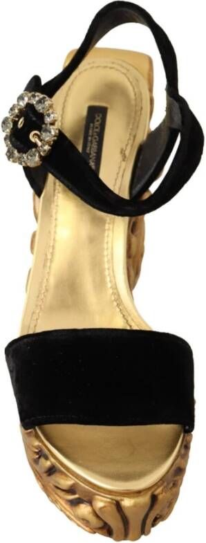 Dolce & Gabbana Black Gold Baroque Velvet Heels Crystal Shoes Zwart Dames - Foto 3
