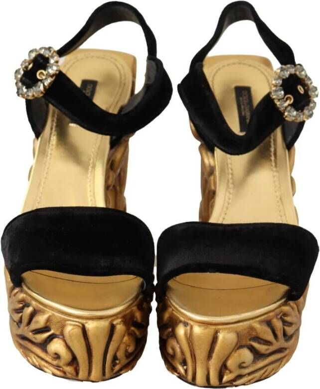 Dolce & Gabbana Black Gold Baroque Velvet Heels Crystal Shoes Zwart Dames - Foto 4