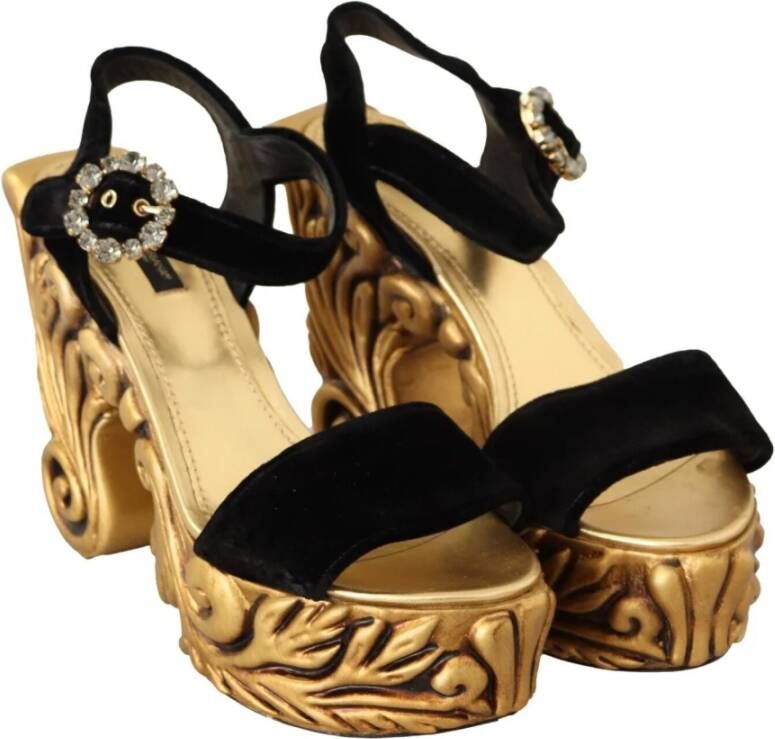 Dolce & Gabbana Black Gold Baroque Velvet Heels Crystal Shoes Zwart Dames - Foto 5