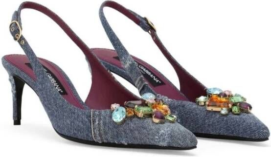 Dolce & Gabbana Indigo Blauwe Denim Kristalversierde Slingback Schoenen Blue Dames