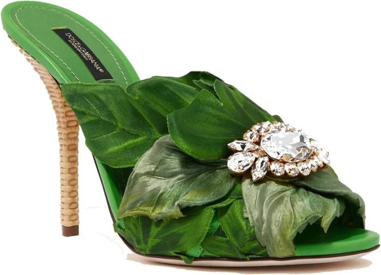 Dolce & Gabbana Jungle Leaf Satin Mules met kristallen Green Dames