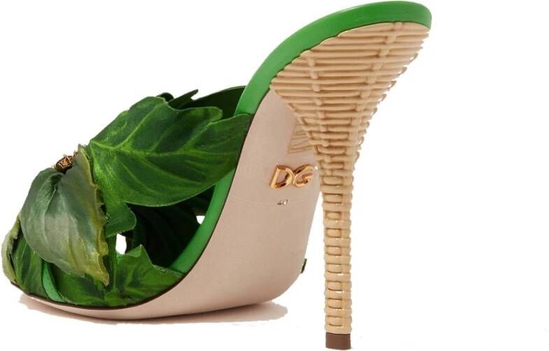 Dolce & Gabbana Jungle Leaf Satin Mules met Kristallen Green Dames