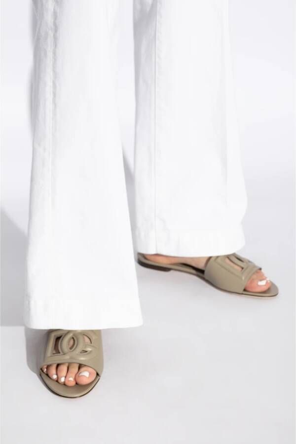 Dolce & Gabbana Leren slippers met logo Gray Dames