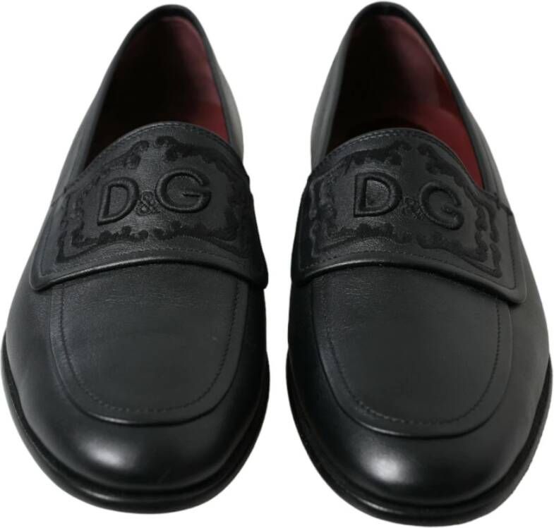 Dolce & Gabbana Logo Geborduurde Leren Loafers Black Heren