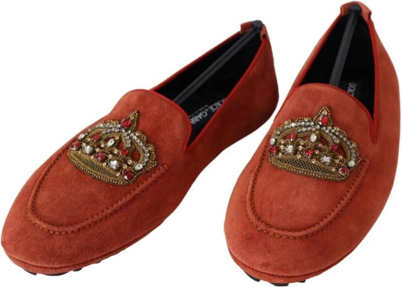 Dolce & Gabbana Luxe Oranje Leren Loafers met Gouden Borduursel Brown Heren