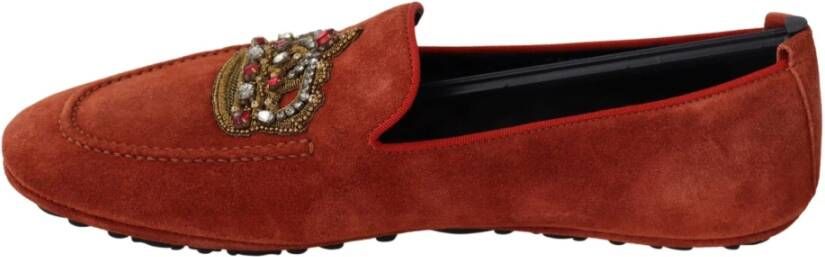 Dolce & Gabbana Luxe Oranje Leren Loafers met Gouden Borduursel Brown Heren