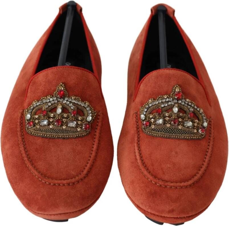 Dolce & Gabbana Luxe Oranje Leren Loafers met Gouden Borduursel Brown Heren