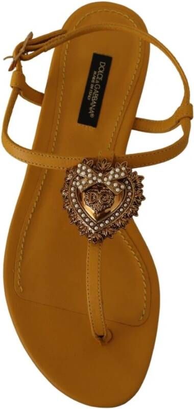 Dolce & Gabbana Mustard Leather Devotion Flats Sandals Shoes Geel Dames
