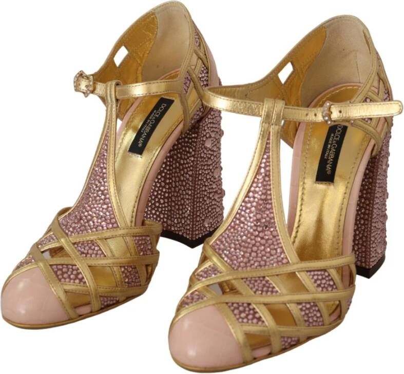 Dolce & Gabbana Pink Gold Leather Crystal Pumps T-strap Shoes Geel Dames