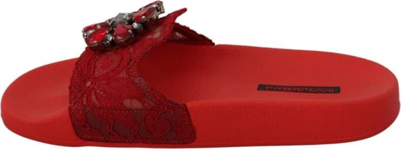 Dolce & Gabbana Rode Kant Kristal Sandalen Slides Red Dames