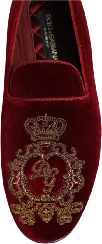 Dolce & Gabbana Rode Velvet Gouden Kroon Loafers Schoenen