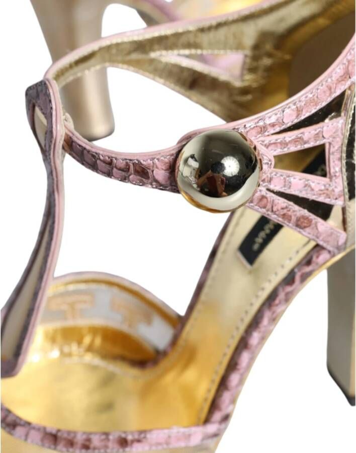 Dolce & Gabbana Roze Gouden Leren T-Riem Sandalen