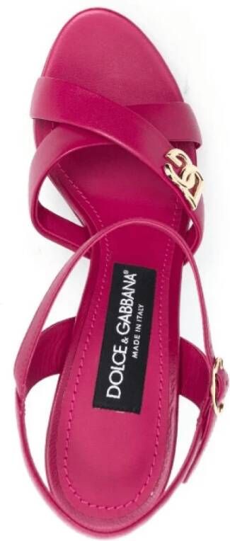 Dolce & Gabbana Roze Leren Hoge Hak Sandalen met Gouden Plaque