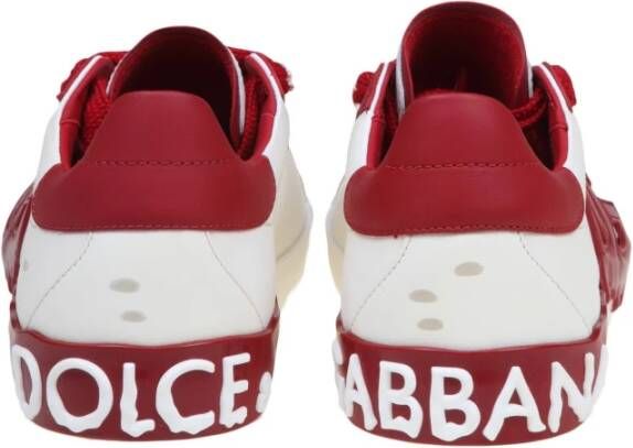 Dolce & Gabbana Vintage Lage Kalfsleren Sneakers in Wit en Rood White Heren