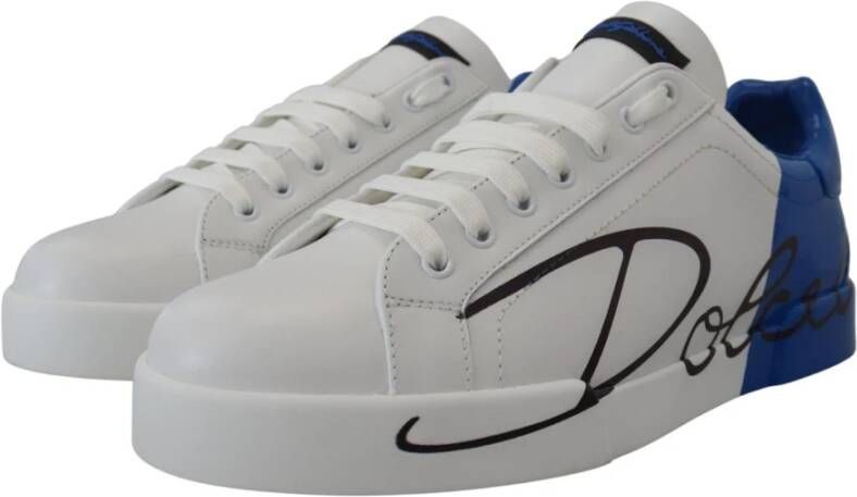 Dolce & Gabbana White Blue Leather Logo Print Sneakers Wit Heren