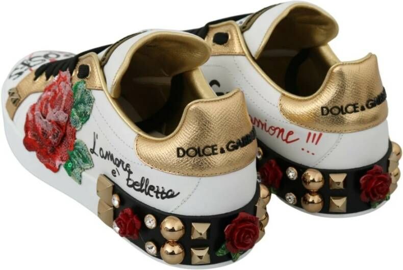 Dolce & Gabbana Witte Rozen Paillet Kristal Sneakers