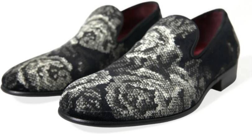 Dolce & Gabbana Zwarte Bloemen Loafers Fluweel Leer Multicolor Heren