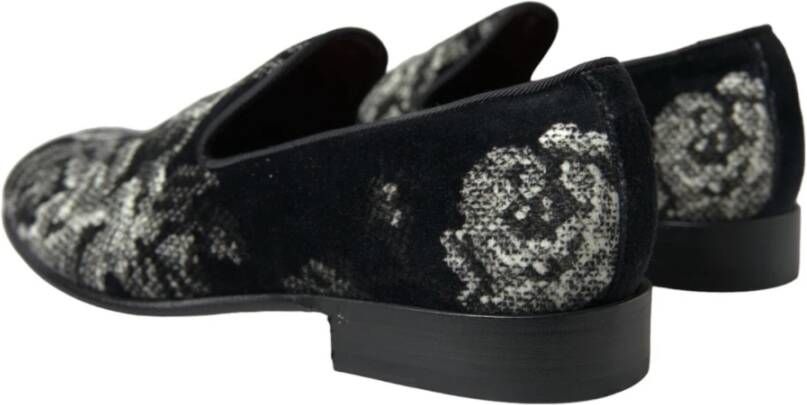 Dolce & Gabbana Zwarte Bloemen Loafers Fluweel Leer Multicolor Heren