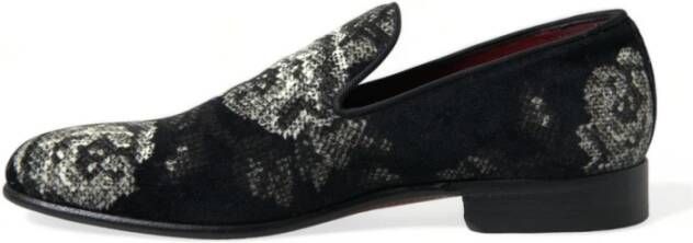 Dolce & Gabbana Zwarte Bloemen Loafers Fluweel Leer Multicolor Heren
