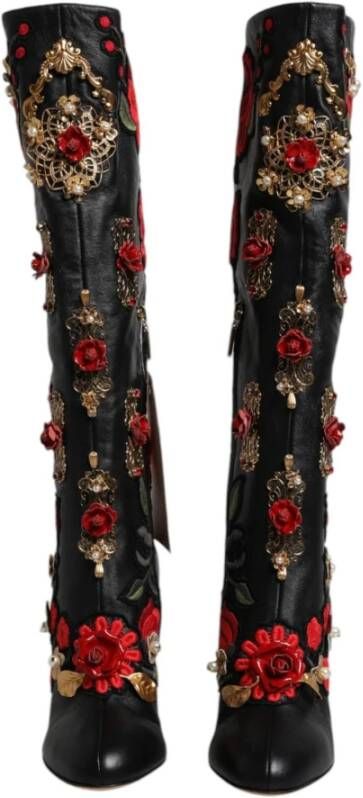 Dolce & Gabbana Zwarte Bloemversierde Kniehoge Laarzen Multicolor Dames