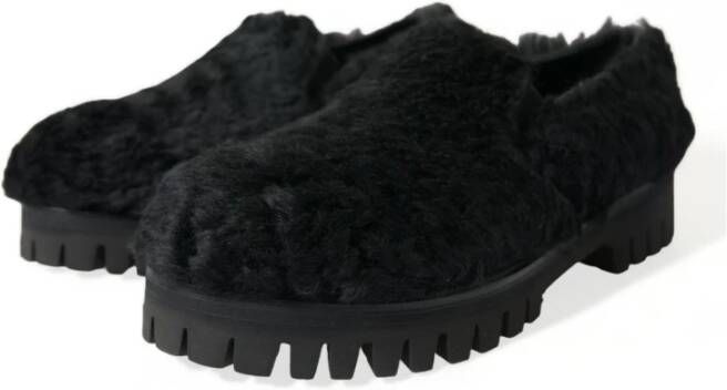Dolce & Gabbana Zwarte Bont Leren Loafers Schoenen Black Heren