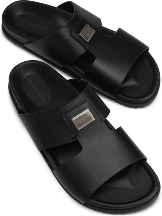Dolce & Gabbana Zwarte Leren Sandalen Platte Rubberen Zool