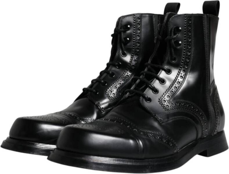 Dolce & Gabbana Zwarte leren veterschoenen met logo Black Heren