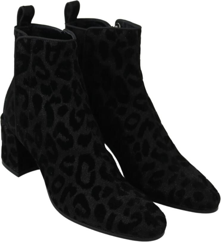 Dolce & Gabbana Zwarte Luipaard Korte Laarzen met Rits Zwart Dames