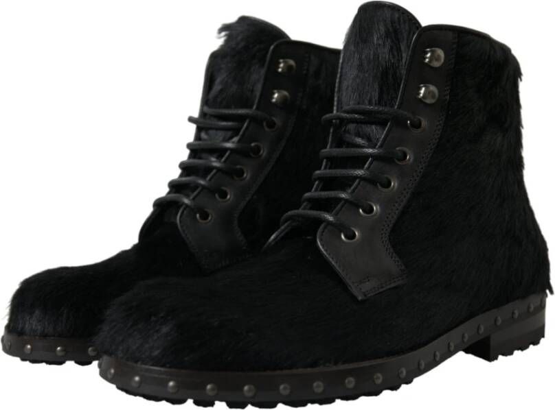 Dolce & Gabbana Zwarte Pony Leren Mid Calf Laarzen Black Dames