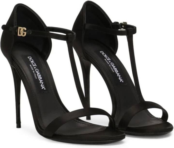 Dolce & Gabbana Zwarte Satijnen T-Bar Stiletto Sandalen Black Dames