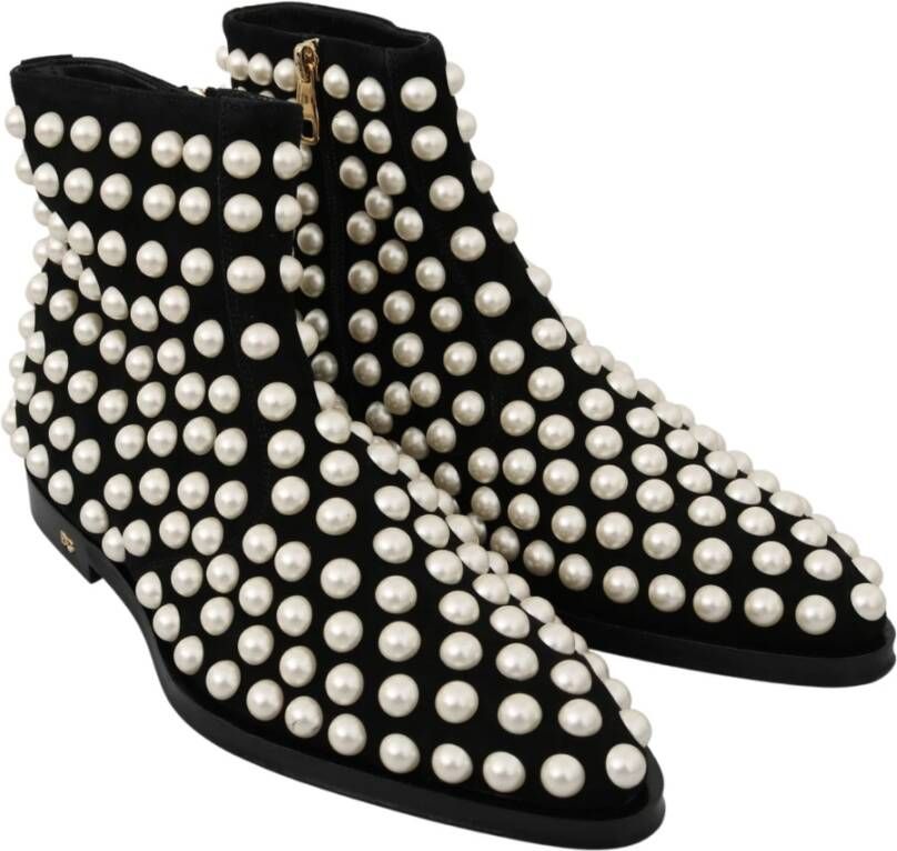 Dolce & Gabbana Zwarte Suède Enkellaarsjes met Parels Black Dames