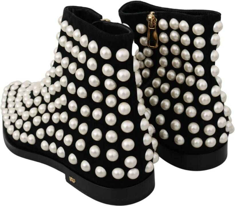 Dolce & Gabbana Zwarte Suède Enkellaarsjes met Parels Black Dames
