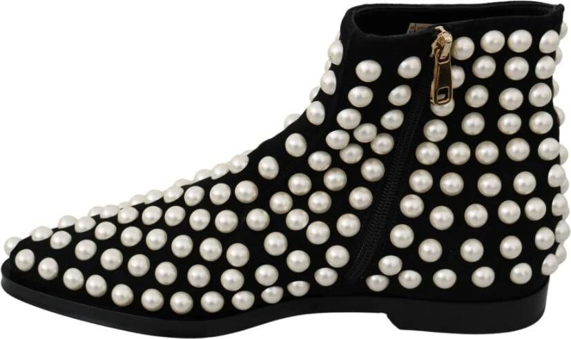 Dolce & Gabbana Zwarte Suède Enkellaarsjes met Parels Black Dames