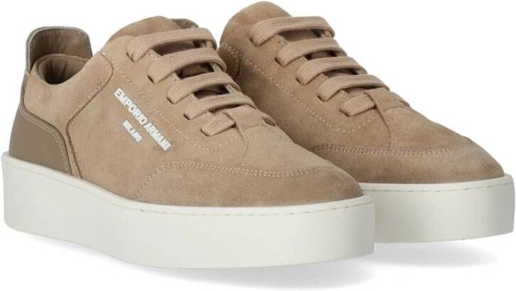 Emporio Armani Beige Suède Sneaker met Rubberen Logo Beige Dames