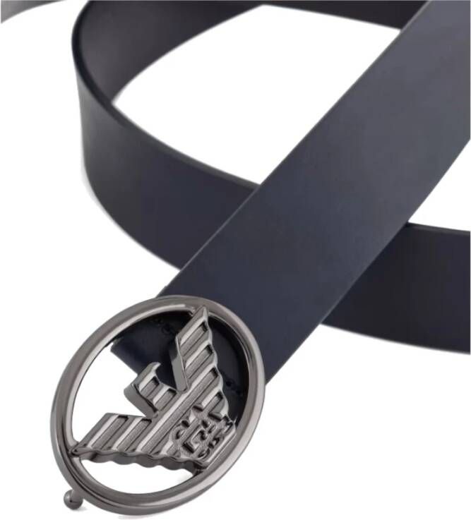 Emporio Armani Gladde Blauwe Leren Riem met Metalen Adelaar Plaque