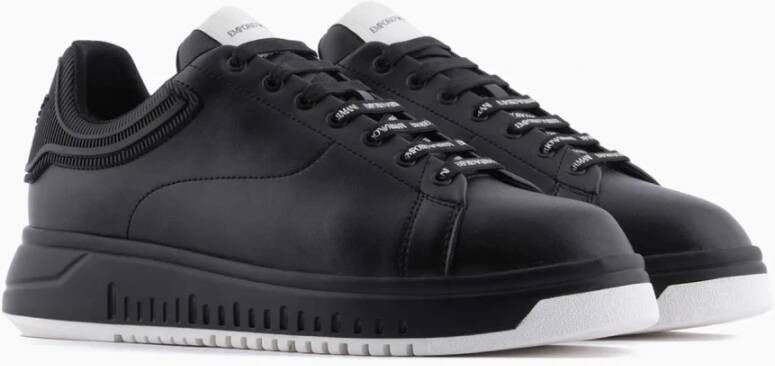 Emporio Armani Leren Vetersneakers met Rubberen Logo Black Heren