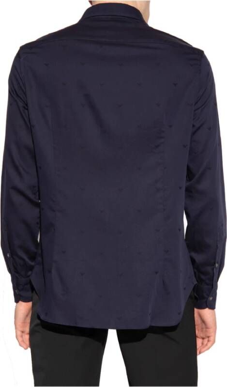 Emporio Armani Marineblauw Regular Fit Overhemd met All Over Adelaar Logo