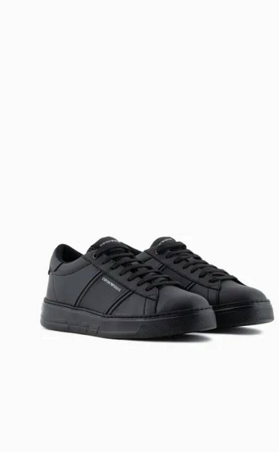 Emporio Armani Zwarte Logoed Kalfsleren Sneakers Black Heren