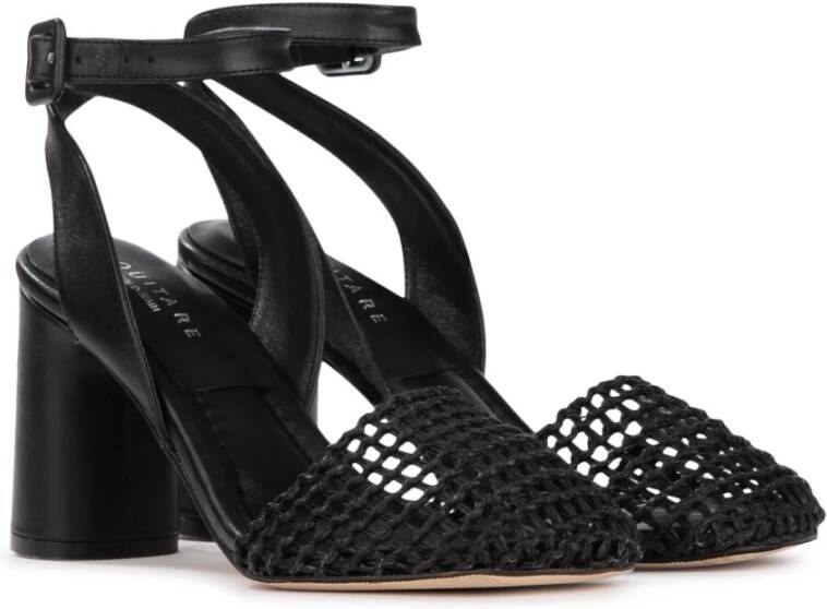 Eqüitare Zwarte Raffia Sandaal met Leren Band