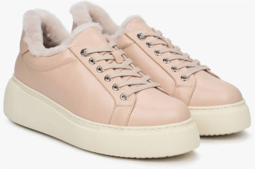 Estro Dames Beige Leren & Bont Lage Sneakers voor Winter Er00112117 Beige Dames