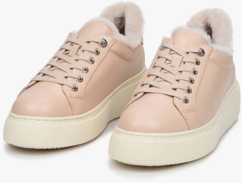 Estro Dames Beige Leren & Bont Lage Sneakers voor Winter Er00112117 Beige Dames