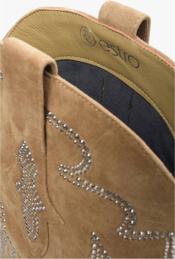 Estro Beige Velours Cowboylaarzen met Borduurwerk