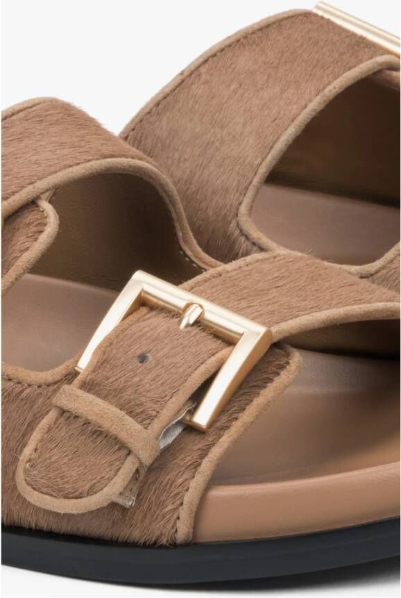 Estro Bruine Leren Slippers voor Dames met Verstelbare Banden