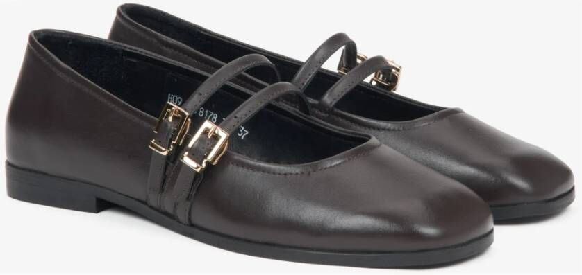 Estro Donkerbruine ballerina's voor dames met gesp van echt leer Brown Dames