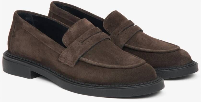 Estro Donkerbruine Penny Loafers voor dames gemaakt van echt velours Brown Dames