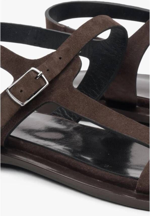 Estro Donkerbruine Velours Sandalen met Dunne Bandjes