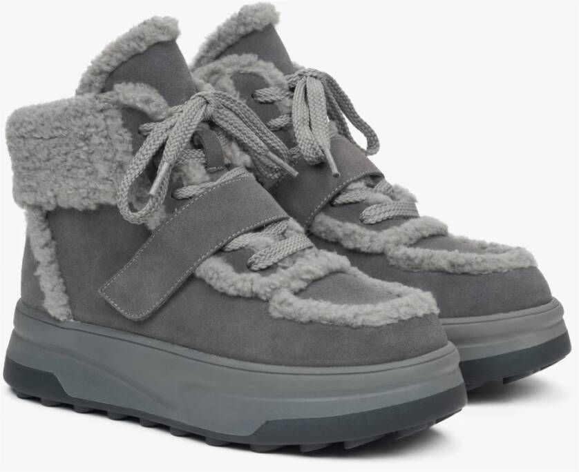 Estro Donkergrijze fluwelen enkellaarsjes voor dames voor de winter met wollen voering Gray Dames